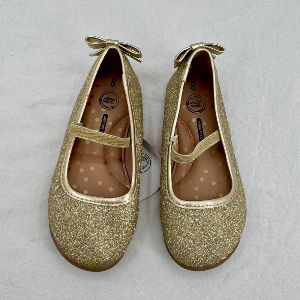 Toddler Gold Glitter Mary Jane Flats Size 8 Memory Foam Bow Heel Coquette Girls